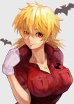  1girl :3 absurdres bangs bat blonde_hair breasts cleavage collarbone eyebrows_visible_through_hair fang fang_out gloves grey_background hair_between_eyes hakusyokuto hellsing highres jacket large_breasts long_hair looking_at_viewer ponytail red_eyes red_jacket seras_victoria shiny shiny_hair short_sleeves solo upper_body vampire white_gloves 