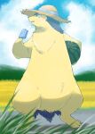  absurdres chizi cloud commentary_request day food fruit gen_2_pokemon hat hatted_pokemon highres holding holding_stick looking_to_the_side outdoors pokemon pokemon_(creature) popsicle sky solo standing stick straw_hat toes typhlosion watermelon 