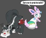 absurd_res ass_up black_body black_fur blackravebow blue_body blue_eyes blue_fur bottomwear bow_(feature) bowtirage bracelet canid canine claws clothing duo ear_piercing eeveelution english_text fangs feral fur generation_3_pokemon generation_6_pokemon grey_background grey_body grey_fur head_down_ass_up hi_res jewelry kerchief leg_bag looking_at_viewer looking_back male mammal mightyena nintendo open_mouth piercing pillow pink_body pink_fur pokemon pokemon_(species) pokemon_mystery_dungeon quadruped raised_tail red_eyes red_nose simple_background skirt speech_bubble spike_chunsoft sylveon tail teeth tendrils text tired tired_eyes tired_look white_body white_fur