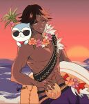  1boy :d abs black_hair cup dark-skinned_male dark_skin drinking_straw fire_emblem fire_emblem_engage fire_emblem_heroes flower flower_necklace fogado_(fire_emblem) fogado_(summer)_(fire_emblem) highres holding holding_cup holding_swim_ring innertube lei looking_at_viewer male_focus male_swimwear ocean oda32t official_alternate_costume open_mouth red_eyes short_hair smile sommie_(fire_emblem) star-shaped_pupils star_(symbol) sunglasses sunset swim_ring swim_trunks symbol-shaped_pupils teeth twitter_username 
