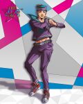  1boy anime_coloring araki_hirohiko_(style) belt belt_buckle black_hair blue_belt blue_hat blue_sailor_collar boots buckle commentary dixie_cup_hat earrings english_commentary genda_art groin hat higashikata_josuke_(jojolion) highres jewelry jojo_no_kimyou_na_bouken jojolion logo long_sleeves makeup male_focus midriff military_hat multicolored_hat official_style pants purple_hat purple_pants purple_shirt red_boots redrawn sailor sailor_collar sailor_hat shirt shoes sneakers solo standing stud_earrings teeth triangle_print two-tone_belt white_hat yellow_belt yellow_lips 