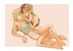  2girls absurdres bang_dream! bang_dream!_it&#039;s_mygo!!!!! bare_arms barefoot black_bra blue_eyes border bow bow_panties bra brown_background brown_hair camisole commentary green_hair highres kokutouemmm leg_between_thighs long_hair multiple_girls nagasaki_soyo outside_border panties parted_lips simple_background smile symbol-only_commentary tongue tongue_out underwear wakaba_mutsumi white_border white_camisole white_panties yellow_eyes yuri 