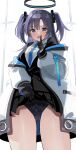  1girl absurdres black_gloves black_jacket black_panties black_skirt blue_archive blue_necktie blush clothes_lift embarrassed finger_to_mouth gloves hair_between_eyes highres jacket lace-trimmed_panties lace_trim long_hair lower_teeth_only necktie open_mouth panties purple_eyes purple_hair saibashi_(develop_komono) sidelocks skirt skirt_lift solo sweatdrop teeth two_side_up underwear white_jacket yuuka_(blue_archive) 