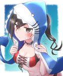  1girl animal_costume animal_hood bikini black_eyes black_hair blue_background blurry breasts choker cleavage cosplay dokudoku913 highres himekawa_yuki himekawa_yuki_(cosplay) hood idolmaster idolmaster_cinderella_girls long_hair medium_breasts mole mole_under_eye shark_costume shark_hood solo sunazuka_akira sweatdrop swimsuit twintails 