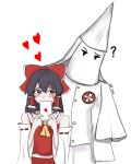  1boy 1girl ? artist_name ascot behind_another black_hair blush bow brown_eyes collared_shirt detached_sleeves embarrassed emblem frilled_bow frilled_hair_tubes frills frown gohei hair_bow hair_tubes hakurei_reimu heart highres holding holding_letter kill_kizu ku_klux_klan letter long_hair long_sleeves looking_at_another love_letter masked nontraditional_miko raised_eyebrow red_bow red_shirt red_skirt ribbon-trimmed_sleeves ribbon_trim robe shirt simple_background skirt skirt_set touhou white_background white_hood white_robe white_shirt wide_sleeves yellow_ascot 