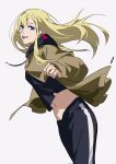  1girl blonde_hair blue_eyes cowboy_shot crop_top earrings erhuazi917 floating_hair gigi_andalusia gundam gundam_hathaway&#039;s_flash highres jacket jewelry long_hair looking_at_viewer midriff open_mouth pants shirt smile solo triangle_earrings 