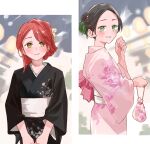  2girls alternate_hairstyle bag black_hair black_kimono blurry blurry_background blush floral_print floral_print_kimono forehead gradient_hair green_eyes green_hair hair_ornament hairstyle_request hand_up handbag haruruhaharur highres holding holding_bag japanese_clothes kimono looking_at_viewer looking_back love_live! love_live!_nijigasaki_high_school_idol_club medium_hair multicolored_hair multiple_girls obi parted_bangs pink_kimono print_kimono red_hair sash smile split_screen standing takasaki_yu uehara_ayumu updo v_arms yellow_eyes 