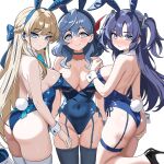  3girls absurdres ako_(blue_archive) alternate_costume animal_ears aqua_bow ass blue_archive blue_hairband blue_halo blue_leotard bow breasts commission detached_collar earpiece fake_animal_ears fake_tail garter_straps gubee hairband halo highleg highleg_leotard highres leotard long_hair looking_at_viewer multiple_girls official_alternate_costume pixiv_commission playboy_bunny purple_eyes purple_hair rabbit_ears rabbit_tail standing standing_on_one_leg strapless strapless_leotard tail toki_(blue_archive) toki_(bunny)_(blue_archive) white_wrist_cuffs wrist_cuffs yuuka_(blue_archive) 