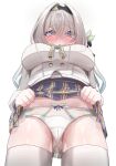  1girl absurdres black_hairband blue_pupils blush bow bow_panties breasts buttons cameltoe clothes_lift commentary_request cowboy_shot double-breasted firefly_(honkai:_star_rail) firefly_(spring_missive)_(honkai:_star_rail) from_below full-face_blush grey_hair hair_between_eyes hairband highres honkai:_star_rail honkai_(series) large_breasts lifting_own_clothes long_hair long_sleeves looking_at_viewer looking_down official_alternate_costume open_mouth panties plaid_bow plaid_clothes plaid_skirt purple_eyes school_uniform shirt simple_background skirt skirt_lift solo tefutefufu thighhighs underwear white_background white_shirt white_thighhighs 