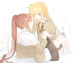  2girls between_legs black_skirt blonde_hair blue_eyes brown_hair brown_jacket collared_shirt commentary fate_testarossa highres holding_hands jacket long_hair looking_at_another lyrical_nanoha mahou_shoujo_lyrical_nanoha multiple_girls neck_ribbon orange_eyes parted_lips pleated_skirt ponytail red_ribbon ribbon shirt shiyoi simple_background skirt socks speech_bubble symbol-only_commentary takamachi_nanoha tears translation_request white_background white_shirt white_socks yuri 