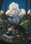  2girls black_hat black_skirt blonde_hair blue_sky brown_hair cloud commentary_request cumulonimbus_cloud day dress hat highres maribel_hearn mob_cap multiple_girls outstretched_arm puffy_short_sleeves puffy_sleeves purple_dress scenery shimekake shirt short_hair short_sleeves shrine skirt sky stairs standing torii touhou tree usami_renko white_hat white_shirt 