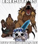  1girl 2boys armor chibi d: doll_joints elden_ring elden_ring_nightreign english_text executor_(elden_ring) head_wreath highres holding holding_sword holding_weapon impact_(font) joints miyan_(oceanmaiden) multiple_boys open_mouth over_shoulder pointing pointing_at_viewer removing_armor revenant_(elden_ring) squiggle_eyes sword transformation veil weapon weapon_over_shoulder 