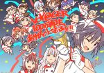  arisugawa_natsuha asakura_toru bad_link black_hair blue_hair brown_hair dress highres idolmaster idolmaster_(classic) idolmaster_cinderella_girls idolmaster_shiny_colors kikuchi_makoto long_hair multiple_girls nishigori_atsushi official_art orange_hair purple_eyes shijou_takane shirt white_dress 