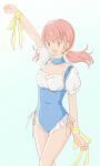  1girl arm_up blue_background blue_leotard breasts cleavage collarbone covered_navel frilled_leotard frills gradient_background highres leotard open_mouth original pink_eyes pink_hair puffy_short_sleeves puffy_sleeves ribbon short_sleeves solo tterusann twintails yellow_ribbon 