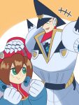  1boy 1girl armor beret black_eyes black_hat brother_and_sister brown_hair chest_jewel clenched_hands closed_mouth colonel_(mega_man) dress gloves green_eyes hat highres iris_(mega_man) jewelry long_hair low-tied_long_hair mega_man_(series) mega_man_x4 mega_man_x_(series) military military_uniform multicolored_dress open_mouth peaked_cap pout red_hat shoulder_spikes siblings smile spikes two-tone_background upper_body user_xguj2433 very_long_hair white_gloves 