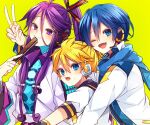  3boys armor black_collar blonde_hair blue_bodysuit blue_eyes blue_hair blue_scarf bodysuit closed_fan coat collar collared_shirt commentary fan_to_mouth folding_fan group_hug hair_ornament hair_stick hand_fan headphones highres holding holding_fan holding_hands hug hug_from_behind japanese_clothes kagamine_rin kaho_0102 kaito_(vocaloid) kamui_gakupo long_hair looking_at_viewer male_focus multiple_boys one_eye_closed open_mouth ponytail purple_eyes purple_hair sailor_collar scarf school_uniform shirt short_sleeves shoulder_armor smile sweat upper_body v v-shaped_eyebrows vocaloid white_coat white_robe white_shirt yellow_background 