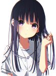  1girl bangs black_hair brown_nails closed_mouth commentary_request eyebrows_visible_through_hair hand_up highres long_hair looking_at_viewer mamyouda original purple_eyes sailor_collar school_uniform serafuku shirt short_sleeves signature simple_background solo upper_body white_background white_sailor_collar white_shirt 