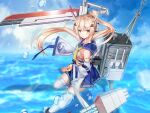  1girl ascot ayanami_(azur_lane) azur_lane bandaid bandaid_on_arm bangs belt blue_skirt blue_sky blurry cloud cloudy_sky commentary_request depth_of_field detached_sleeves eyebrows_visible_through_hair fighting_stance hair_between_eyes hair_ornament hairclip headgear highres holding holding_sword holding_weapon long_hair looking_at_viewer machinery midriff navel ocean orange_eyes parted_lips pleated_skirt ponytail retrofit_(azur_lane) ribbon-trimmed_sleeves ribbon_trim school_uniform serafuku sidelocks silver_hair skirt sky solo standing standing_on_one_leg sugita_ranpaku sword thighhighs torpedo_tubes turret water_drop weapon white_legwear wide_sleeves zettai_ryouiki 