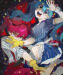  2girls apron arm_up ascot asymmetrical_footwear black_necktie blue_dress blue_hair blue_shoes bow breasts buttons collared_dress confetti covered_mouth crazy_eyes crazy_smile curtains dress drill_hair floating_hair frills gloves grey_eyes hair_between_eyes hair_bow hand_up hat hatsune_miku highres jumping kasane_teto kugai697139 long_hair long_sleeves medium_breasts mesmerizer_(vocaloid) mini_hat mismatched_footwear multiple_girls necktie official_alternate_costume open_mouth pants pink_hair puffy_long_sleeves puffy_short_sleeves puffy_sleeves red_eyes red_hat red_pants red_pupils red_shoes ribbon shadow sharp_teeth shirt shoes short_sleeves smile socks striped_bow striped_clothes striped_dress striped_shirt suspenders teeth tongue tongue_out twin_drills twintails utau vertical-striped_clothes vertical-striped_dress vertical-striped_shirt vocaloid wavy_hair white_apron white_ascot white_bow white_ribbon white_shirt white_socks wrist_cuffs yellow_gloves 