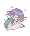  1boy :d ahoge artist_name blush chibi closed_eyes danganronpa_(series) danganronpa_v3:_killing_harmony highres inukai_(inuuowoukai) male_focus medium_hair musical_note oma_kokichi saihara_shuichi simple_background smile speech_bubble spoken_musical_note triangle_mouth white_background 