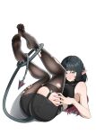  1girl absurdres animal_ears black_hair black_pantyhose black_shorts blush garter_straps green_eyes high-waist_shorts highres jane_doe_(zenless_zone_zero) legs_up lying mouse_ears mouse_girl no_shoes on_back pantyhose red_nails sharp_tail shorts single_garter_strap smile tail_around_own_leg thighhighs torn_clothes torn_pantyhose torn_thighhighs white_background yuji_chu_kai zenless_zone_zero 