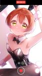  1girl animal_ears black_bow black_bowtie black_leotard black_pantyhose bow bowtie breasts brown_hair commentary_request detached_collar fake_animal_ears highres holding hoshizora_rin leotard love_live! love_live!_school_idol_project osono_(osonokichi) pantyhose playboy_bunny rabbit_ears rabbit_tail recording shadow short_hair sitting small_breasts solo strapless strapless_leotard tail user_interface wrist_cuffs yellow_eyes yokozuwari 
