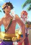  2boys abs beach dark-skinned_male dark_skin fire_emblem fire_emblem_engage fire_emblem_heroes fogado_(fire_emblem) fogado_(summer)_(fire_emblem) food fruit highres holding holding_swim_ring male_focus male_swimwear multiple_boys official_alternate_costume orange_hair pandreo_(fire_emblem) pineapple purple_swim_trunks riou_(pooh920) star-shaped_pupils star_(symbol) swim_ring swim_trunks symbol-shaped_pupils yellow_eyes 