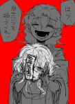  2girls closed_eyes commentary dual_persona half-closed_eyes holding_detached_head japanese_clothes jiangshi jommmmnn kariginu miyako_yoshika miyako_yoshika_(living) multiple_girls ofuda ofuda_on_head open_mouth partially_colored red_background severed_head sketch smile touhou translated upper_body 