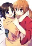  1boy 1girl arms_around_neck black_hair blue_eyes blue_ribbon blush closed_mouth commentary_request couple cross_scar floral_print hair_between_eyes hair_ribbon high_ponytail highres himura_kenshin hug japanese_clothes kamiya_kaoru kimono long_hair looking_at_another looking_at_viewer obi open_mouth orange_hair ponytail print_kimono purple_eyes red_kimono ribbon rurouni_kenshin sash scar scar_on_cheek scar_on_face smile tatara_maguro teeth upper_teeth_only white_background wide_sleeves yellow_kimono 