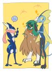  +++ ^_^ absurdres border closed_eyes decidueye greninja highres inteleon light_blush open_mouth outside_border pkpokopoko3 pokemon pokemon_(creature) pokemon_focus sparkle spoken_expression standing tongue_scarf white_border yellow_background 