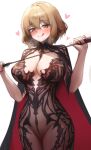  1girl absurdres anis_(nikke) black_cape black_dress blush breasts brown_eyes brown_hair cape chronopattern_dress cleavage commentary_request commission dress goddess_of_victory:_nikke highres holding large_breasts licking_lips looking_at_viewer maviss_03 meme_attire navel pointer red_cape short_hair simple_background smile solo tongue tongue_out two-tone_cape white_background 