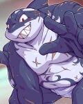 2025 5_fingers anthro biped clothed clothing colored fingers fish hi_res humanoid_hands lifewonders male male_anthro marine navel red_eyes scar shark shark_fin shark_tail shark_teeth solo takagi_kyou tokyo_afterschool_summoners typhon_(tas) underwear underwear_only