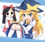  2girls bangs black_eyes black_hair blonde_hair blue_eyes blue_headwear blue_skirt blue_vest blush bow bowtie braid collared_shirt commentary_request cookie_(touhou) detached_sleeves eyebrows_visible_through_hair feet_out_of_frame hair_between_eyes hair_bow hakurei_reimu hat juliet_sleeves kirisame_marisa long_hair long_sleeves looking_at_viewer multiple_girls open_mouth puffy_sleeves red_bow red_shirt red_skirt ruka_(cookie) shiromiya_rei shirt side_braid single_braid skirt sleeveless sleeveless_shirt smile socks star_(symbol) swept_bangs touhou vest white_legwear white_shirt white_sleeves witch_hat xox_xxxxxx yellow_bow yellow_neckwear 