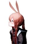  1girl absurdres amiya_(arknights) animal_ears arknights ascot beudelb black_jacket black_neckwear blue_eyes blush brown_hair commentary from_side highres hood hood_down jacket korean_commentary long_hair looking_up open_clothes open_jacket ponytail rabbit_ears shirt sidelocks simple_background upper_body white_background white_shirt 