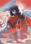  3boys absurdres alternate_universe bandaged_leg bandages black_hair black_hanfu black_pants black_shoes chinese_clothes closed_mouth coat dao_gui_yi_xian different_reflection fire flower giant giant_male hair_between_eyes hair_bun hair_down hair_ribbon hanfu highres hospital_gown ji_zai knees_up li_huowang li_huowang_(modern_world) long_hair long_sleeves looking_at_another lotus lotus_leaf lotus_pod male_focus multiple_boys multiple_persona nail_polish official_alternate_costume official_alternate_hair_length official_alternate_hairstyle pants pink_flower red_background red_coat red_eyes red_nails red_ribbon reflection reflective_water ribbon ripples robe shirt shoes short_hair single_hair_bun sitting size_difference sleeves_past_wrists standing striped_clothes striped_pants striped_shirt vertical-striped_clothes vertical-striped_pants vertical-striped_shirt very_long_hair white_pants white_shirt wide_sleeves wuzi3742 