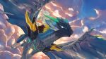 16:9 ambiguous_feral ambiguous_gender anthro blue_body blue_eyes blue_scales blue_wings brown_clothing brown_topwear clothed clothing cloud day detailed_background dragon duo feral flying fur furred_dragon furred_scalie green_eyes green_horn grey_body grey_scales hair hi_res horn kutto kuttoyaki male male_anthro membrane_(anatomy) membranous_wings mouth_closed multicolored_eyes mythological_creature mythological_scalie mythology open_mouth orange_eyes orange_hair outside ridged_horn riding scales scalie sky spread_wings topwear two_tone_eyes widescreen wings yellow_eyes