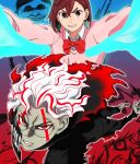  1boy 1girl alien ayase_momo black_jacket bow bowtie brown_eyes brown_hair collared_shirt colored_skin dandadan earrings facial_mark floating_earrings gakuran ghost glasses grey_skin hair_behind_ear hair_between_eyes hashtag-only_commentary highres jacket jewelry light_blush long_sleeves mask mouth_mask multicolored_hair outstretched_arms parted_lips pink_sweater red_bow red_bowtie red_eyes red_hair round_eyewear school_uniform serpo_(dandadan) shirt sweater takakura_ken_(dandadan) takakura_ken_(transformed)_(dandadan) tk1129dane27 transformation turbo_granny_(dandadan) two-tone_hair upper_body white_hair white_shirt 