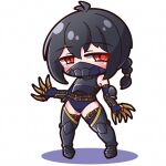 1girl absurdres armor armored_boots bare_shoulders black_hair blue_leotard blue_thighhighs boots braid breastplate chibi claw_(weapon) colored_shadow commentary_request full_body hair_between_eyes highres leotard looking_at_viewer mask mouth_mask original red_eyes saishosaisekojo shadow simple_background single_braid solo standing thigh_boots thighhighs weapon white_background 