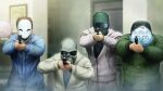  4boys aiming aiming_at_viewer balaclava chaos;child future_gadget_lab game_cg goggles gun handgun highres holding holding_gun holding_weapon huke in-franchise_crossover indoors jacket mask multiple_boys non-web_source official_art partially_unzipped ringed_eyes short_hair ski_goggles skull_mask steins;gate steins;gate_0 sumo_sticker_(chaos;child) teeth weapon 
