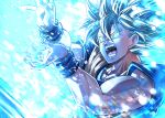  1boy attack blue_eyes dougi dragon_ball energy energy_beam kamehameha male_focus mattari_illust muscular muscular_male open_mouth solo son_goku super_saiyan wristband 