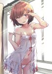  1girl ass_visible_through_thighs babydoll breasts brown_eyes brown_hair covered_nipples cowboy_shot fuji_(pixiv24804665) highres kantai_collection looking_at_viewer navel open_mouth panties round_teeth short_hair small_breasts smile solo teeth thigh_gap underwear upper_teeth_only white_babydoll white_panties window yukikaze_(kancolle) 
