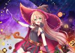  1girl armpits black_cloak breasts brown_hair cloak cookie emn food green_eyes halloween halloween_costume hat highres irina_bondarchuk iris_mysteria! long_hair night night_sky open_mouth pointy_ears pumpkin sky small_breasts smile staff sweets very_long_hair witch_hat 