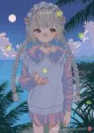  1girl absurdres bandaid bandaid_on_face bandaid_on_nose braid bug cloud commission cowboy_shot crossed_bandaids firefly frilled_hairband frills full_moon grey_hair hairband highres long_hair long_sleeves mashiro_ka miniskirt moon night ocean original outdoors plant skeb_commission skirt solo standing star_(sky) twin_braids water 