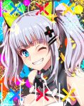  1girl :d animal_ears blue_eyes blush breasts cat_ears cleavage cleavage_cutout clothing_cutout eyebrows_visible_through_hair grey_hair grin hair_ornament hairclip hoshi_san_3 kaguya_luna looking_at_viewer medium_hair multicolored multicolored_background one_eye_closed open_mouth smile solo the_moon_studio twintails upper_body 