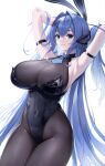  1girl animal_ears arm_strap armpits azur_lane bangs black_bodysuit black_leotard blue_eyes blue_hair blue_neckwear bodysuit breasts closed_mouth commentary covered_navel cowboy_shot crossed_bangs eyebrows_visible_through_hair fake_animal_ears hair_between_eyes headpiece highres huge_breasts kawauso_(ppdp7544) leotard long_hair looking_at_viewer necktie new_jersey_(azur_lane) new_jersey_(exhilarating_steps!)_(azur_lane) official_alternate_costume playboy_bunny rabbit_ears short_necktie simple_background skin_tight smile solo very_long_hair white_background wing_collar 