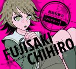  1boy :o artist_name bangs black_legwear brown_eyes brown_hair brown_skirt character_name commentary_request copyright_name danganronpa:_trigger_happy_havoc danganronpa_(series) fujisaki_chihiro green_jacket halftone hands_up jacket kneehighs looking_at_viewer male_focus open_mouth otoko_no_ko own_hands_together pink_background school_uniform short_hair skirt solo tege_(tege_xxx) translated upper_teeth 