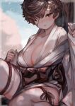  1girl absurdres bandage_over_one_eye blue_sky blurry blurry_background blush breasts brown_hair brown_sash choko_(cup) cleavage collarbone commentary_request cup dark-skinned_female dark_skin eyelashes feet_out_of_frame hair_ornament hair_over_one_eye hairpin highres holding holding_cup japanese_clothes kimono large_breasts looking_at_viewer original outdoors parted_lips rope_around_thigh short_hair sitting skindentation sky soleil_(soleilmtfbwy03) solo sweatdrop thick_thighs thighhighs thighs white_kimono white_thighhighs 