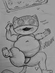 2025 abdominal_bulge anthro bloated blubberbuck breasts breath bulge dizzy dizzy_eyes domestic_cat fangs felid feline felis food food_tray groaning groaning_belly hi_res lying male mammal mask messy_eater monochrome moobs morgana_(persona) navel nude nude_anthro obese obese_anthro on_back open_mouth overeating overweight overweight_anthro panting pawpads paws persona_(series) persona_5 raised_leg shaded simple_background solo spread_legs spreading stuffing tail teeth text traditional_media_(artwork) tuxedo_cat wearing_mask weight_gain