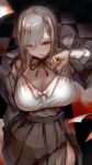  1girl absurdres black_skirt blonde_hair blood blood_on_clothes blood_on_ground blood_on_hands blood_on_mouth blush breasts brown_eyes checkered_floor cleavage clenched_hand closed_mouth commentary_request hair_between_eyes highres large_breasts long_hair looking_down original pleated_skirt shirt skirt soleil_(soleilmtfbwy03) solo thick_thighs thighs vampire white_shirt 