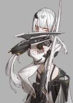  1girl absurdres android blade breasts eyeliner girls&#039;_frontline highres long_hair makeup mechanical_arms mechanical_legs medium_breasts mo_geng paradeus pelvic_curtain solo tee_(girls&#039;_frontline) very_long_hair white_hair yellow_eyes 